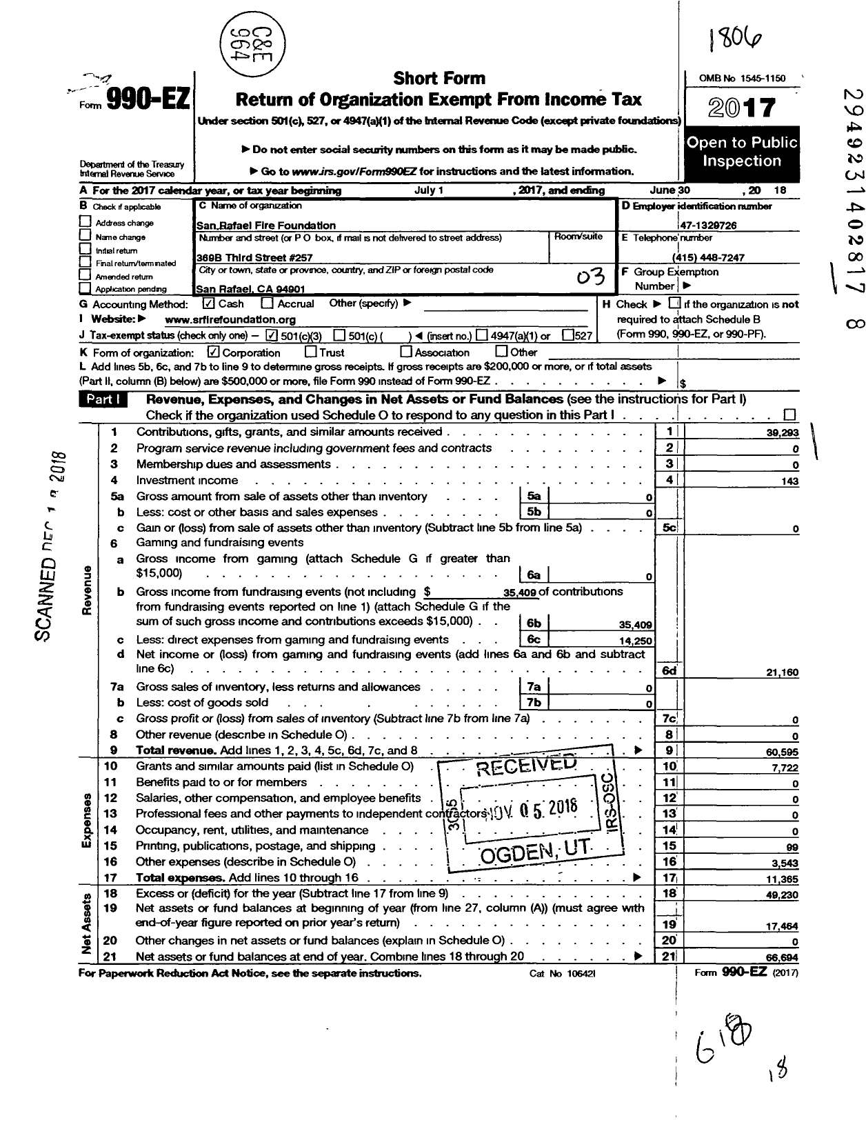 Image of first page of 2017 Form 990EZ for San Rafael Fire Foundation