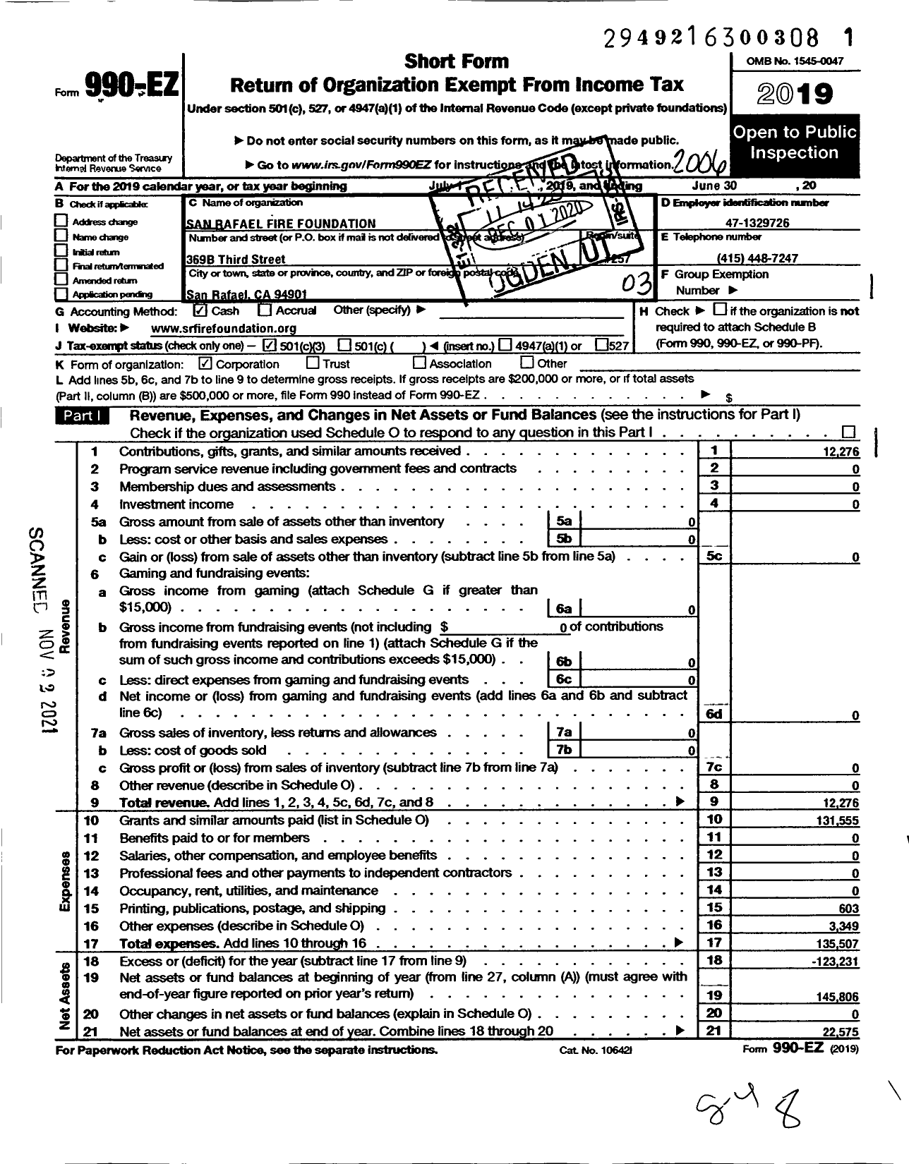 Image of first page of 2019 Form 990EZ for San Rafael Fire Foundation