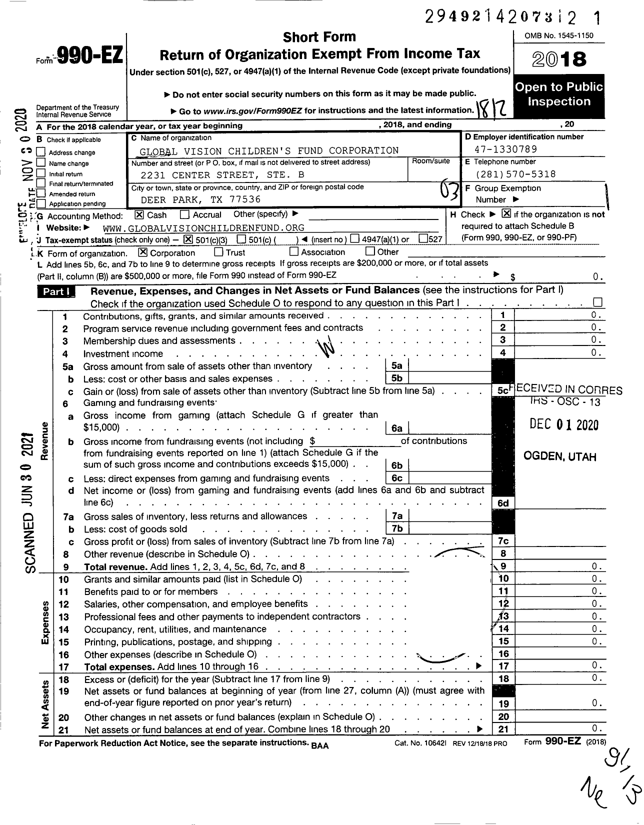 Image of first page of 2018 Form 990EZ for Global Vision Children's Fund Corporation