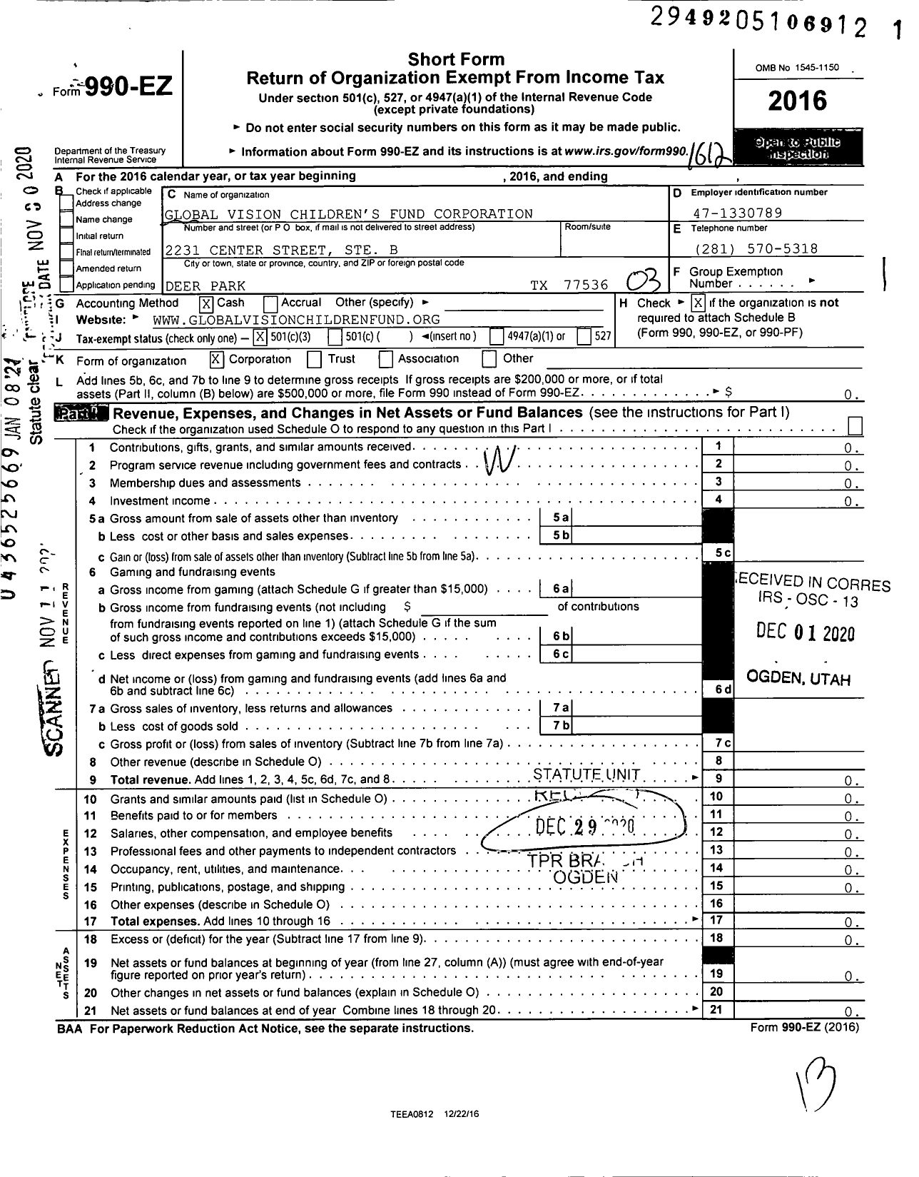 Image of first page of 2016 Form 990EZ for Global Vision Children's Fund Corporation