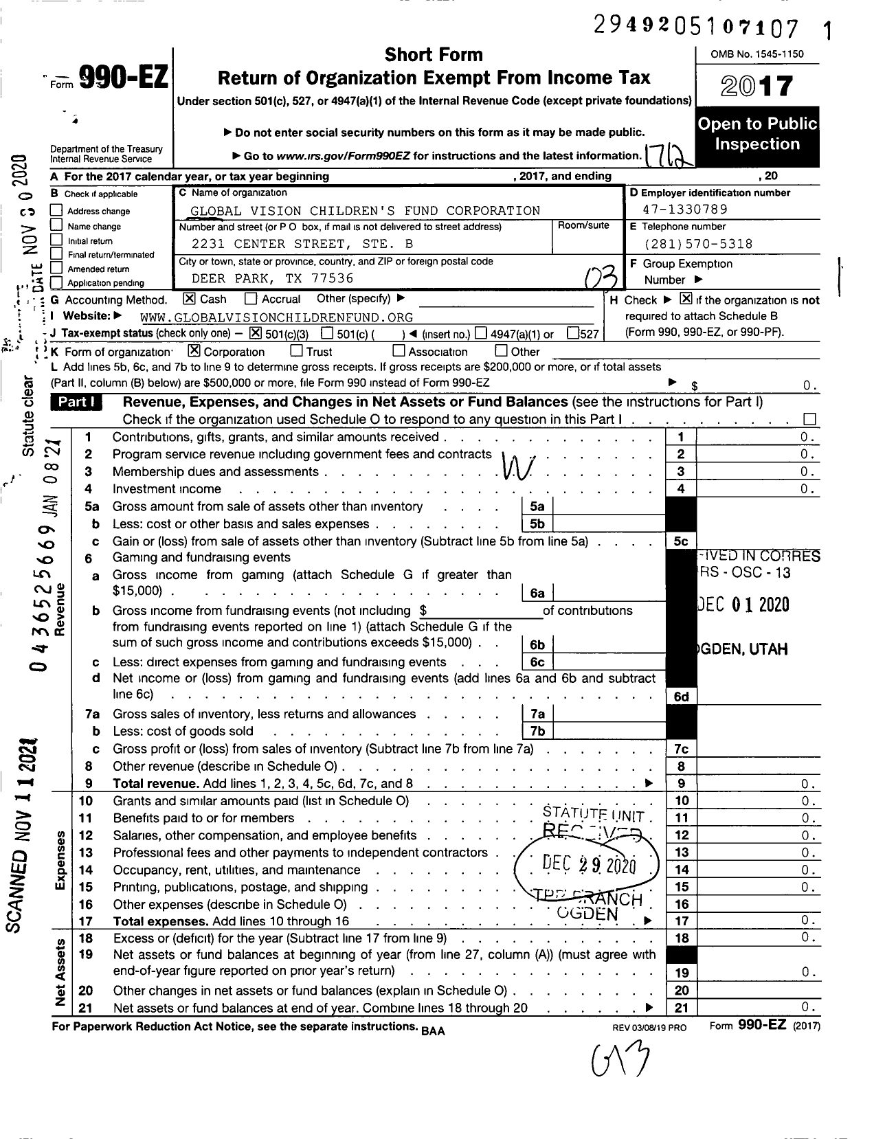 Image of first page of 2017 Form 990EZ for Global Vision Children's Fund Corporation