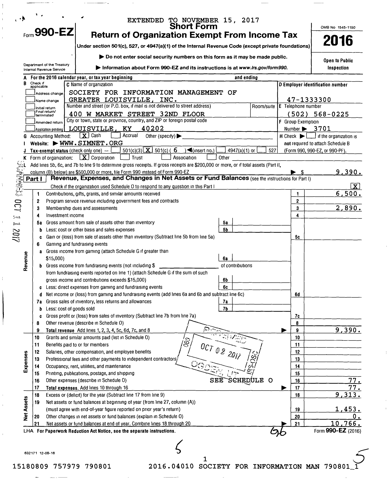 Image of first page of 2016 Form 990EO for Society for Information Management of Greater Louisville