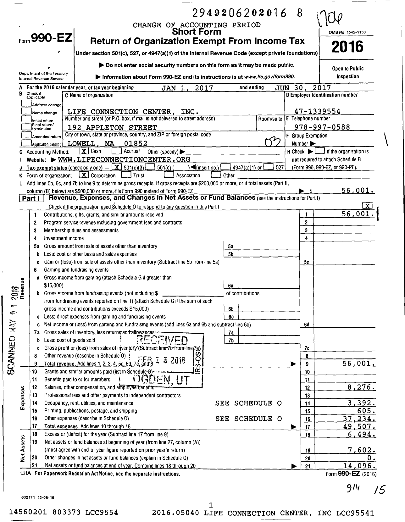 Image of first page of 2016 Form 990EZ for Life Connection Center