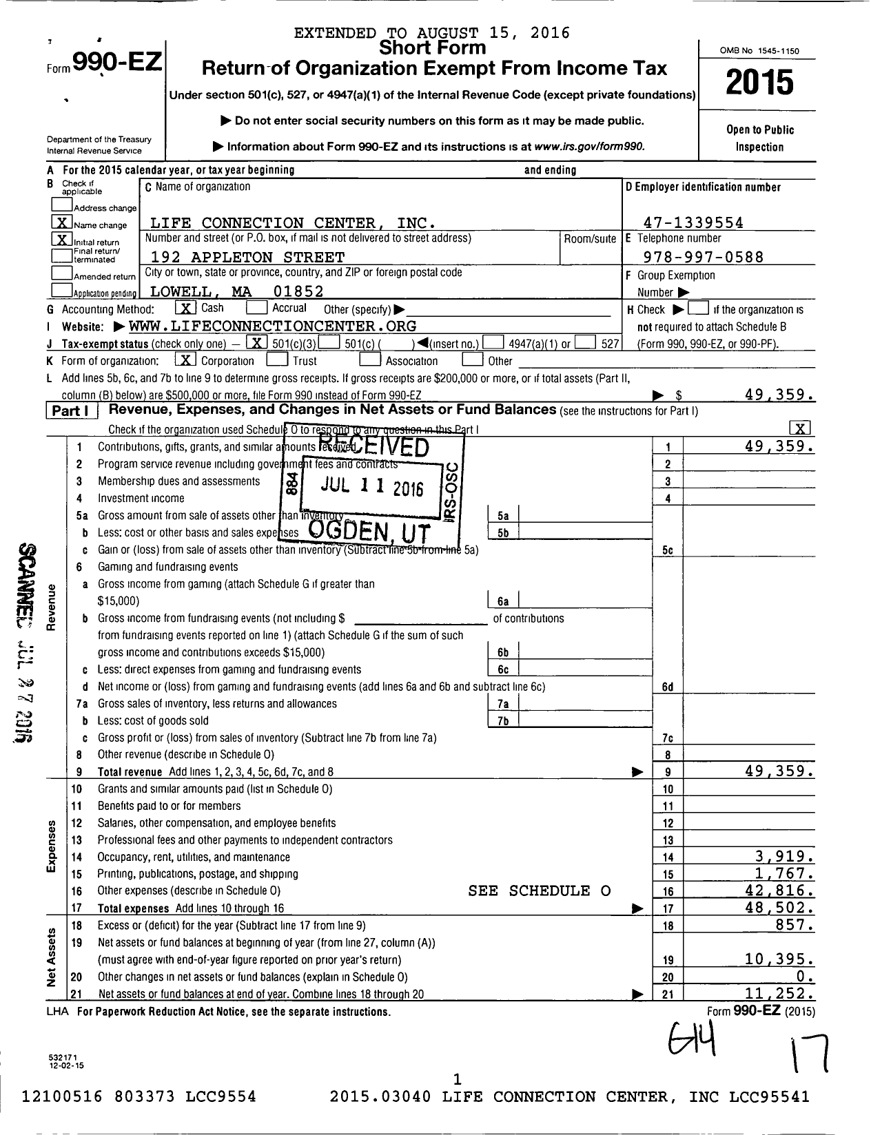 Image of first page of 2015 Form 990EZ for Life Connection Center