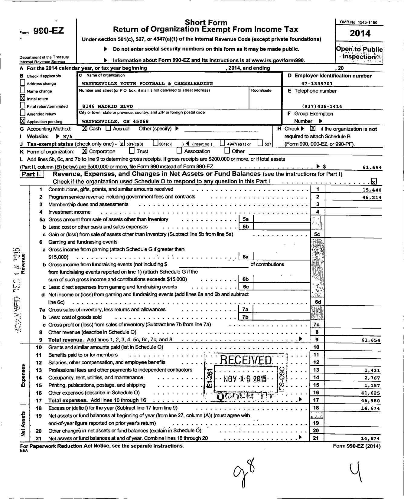 Image of first page of 2014 Form 990EZ for Waynesville Youth Football and Cheerleading Association