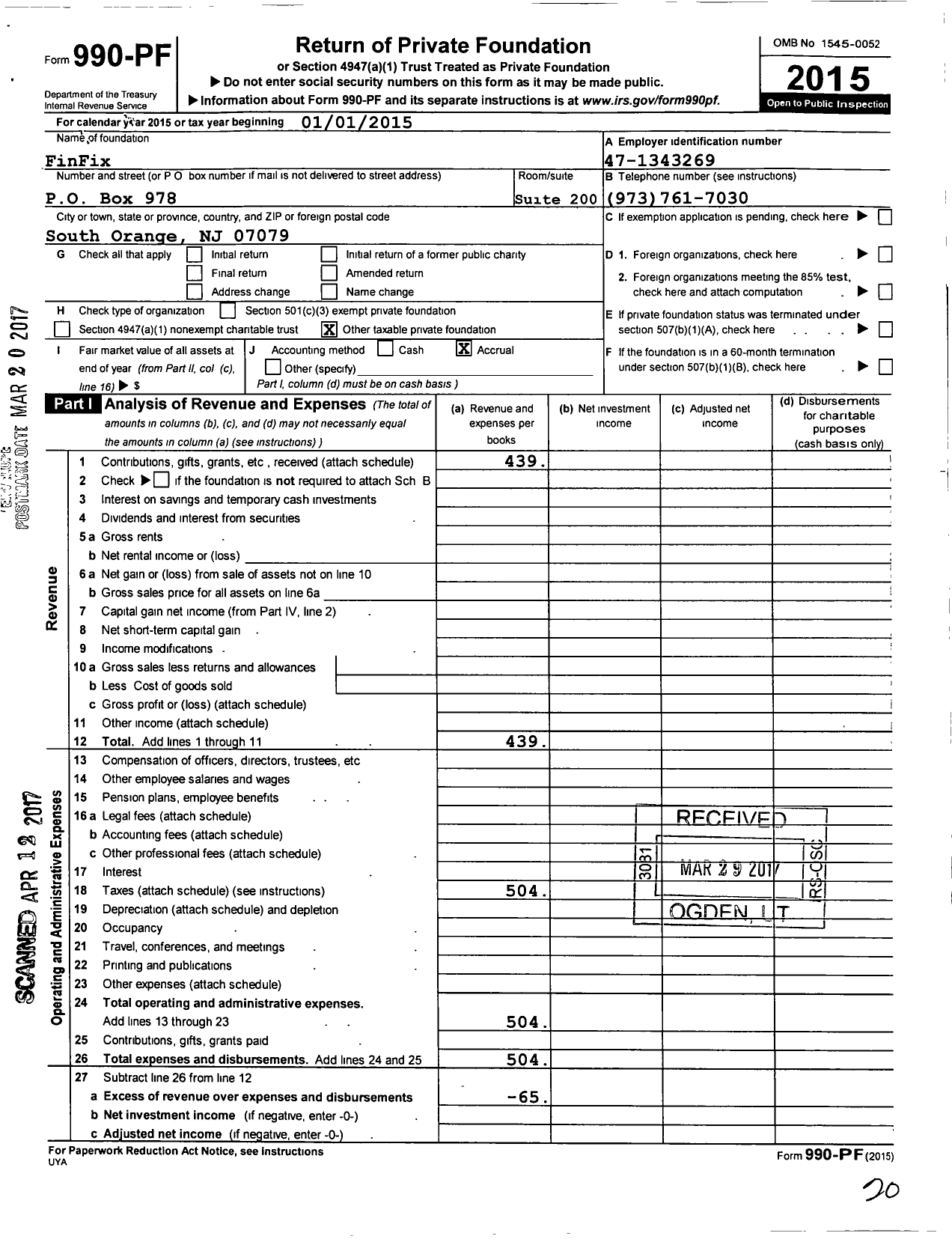 Image of first page of 2015 Form 990PF for Finfix