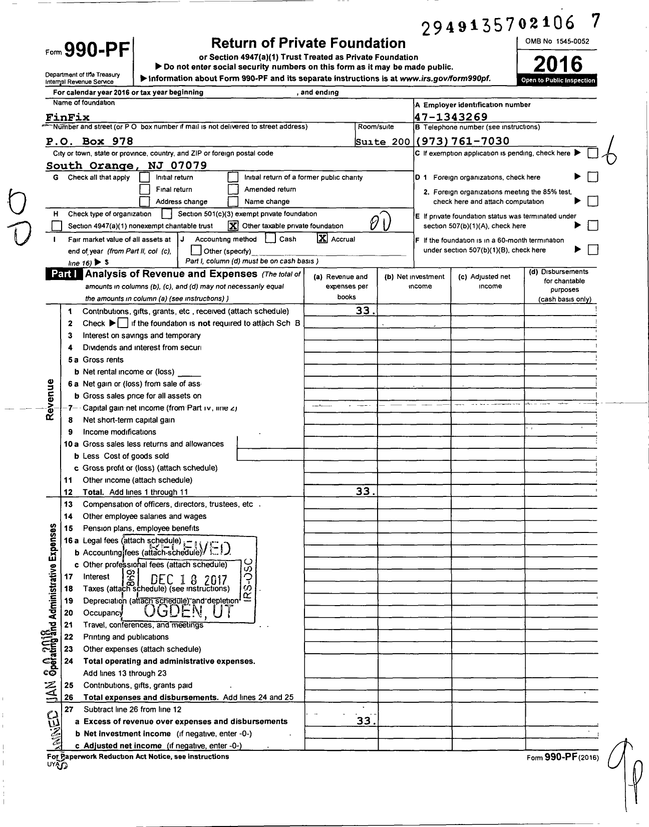 Image of first page of 2016 Form 990PF for Finfix