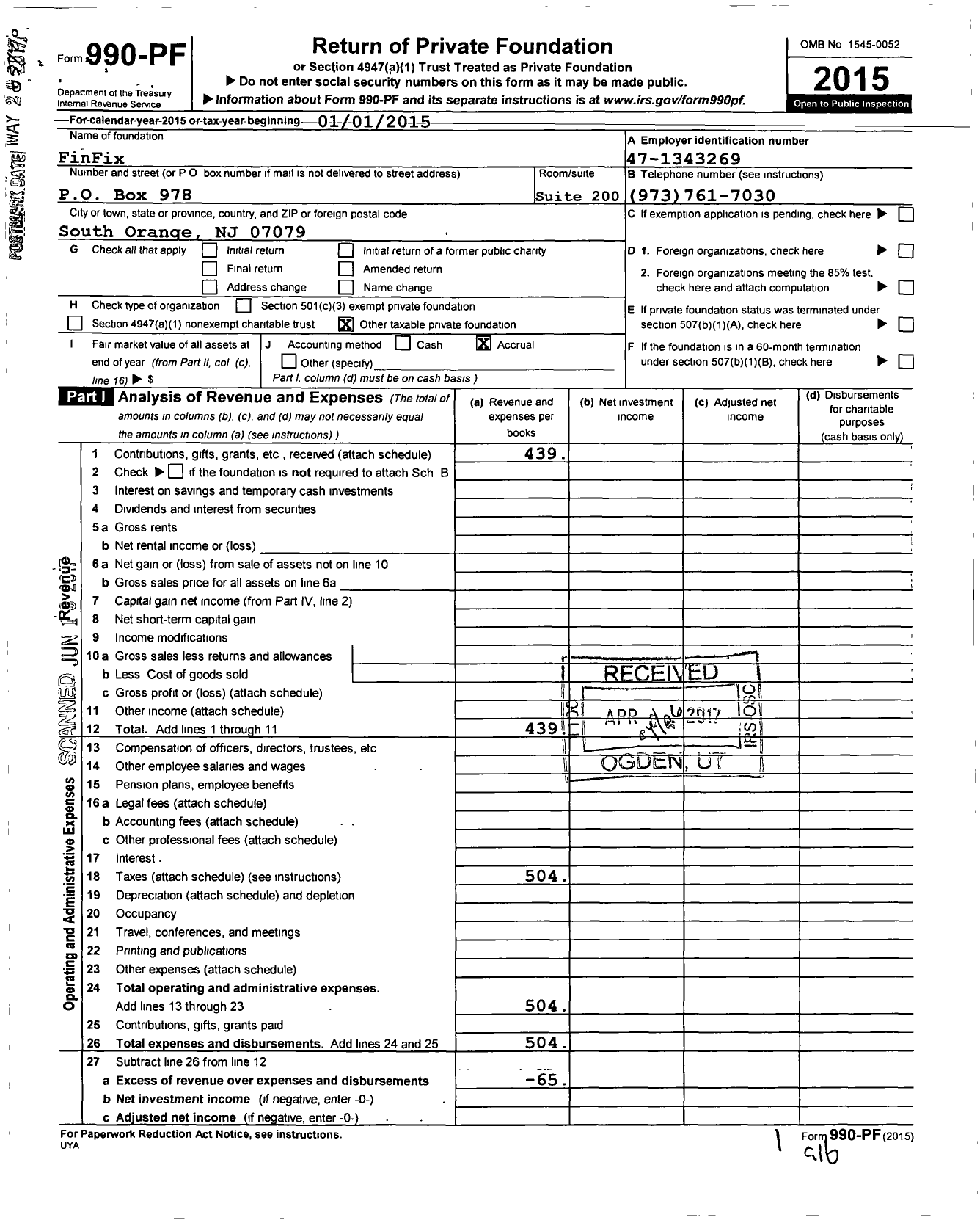 Image of first page of 2015 Form 990PF for Finfix