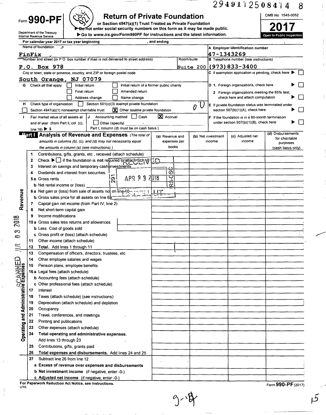 Image of first page of 2017 Form 990PF for Finfix