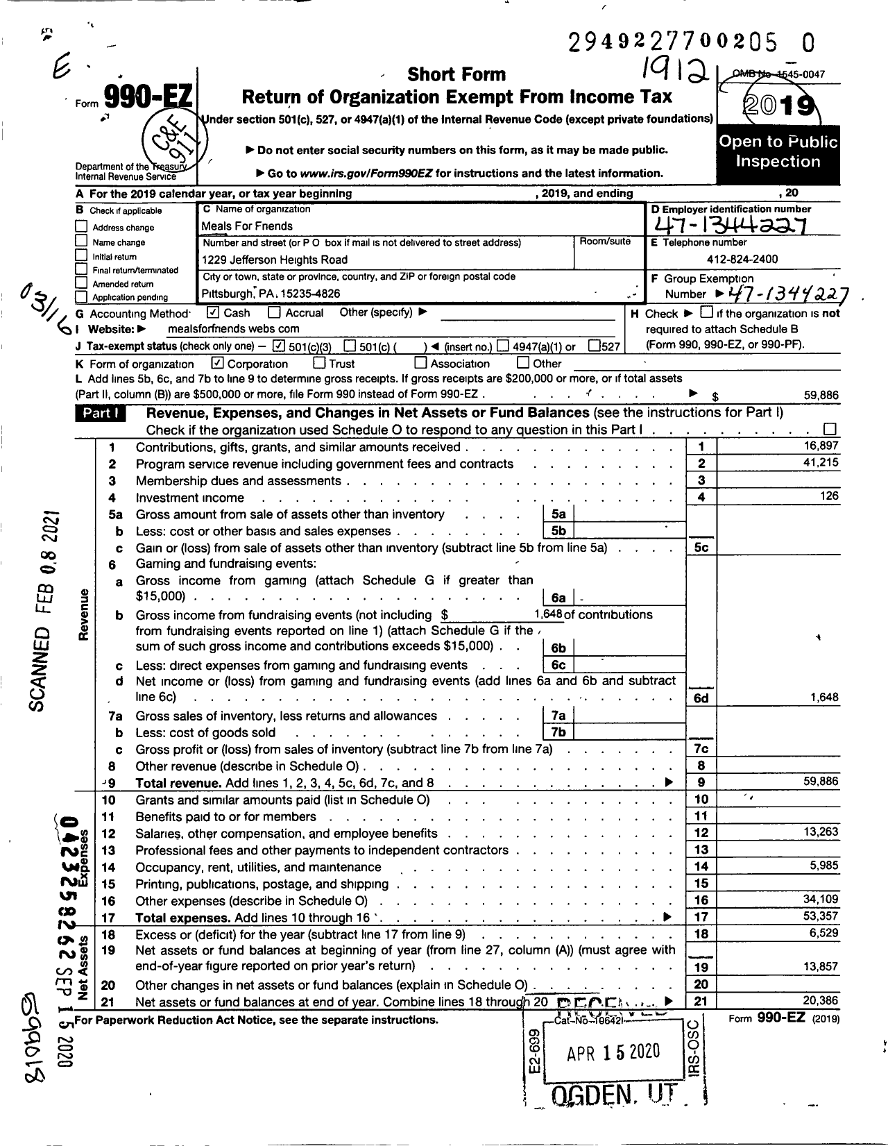 Image of first page of 2019 Form 990EZ for Meals for Friends