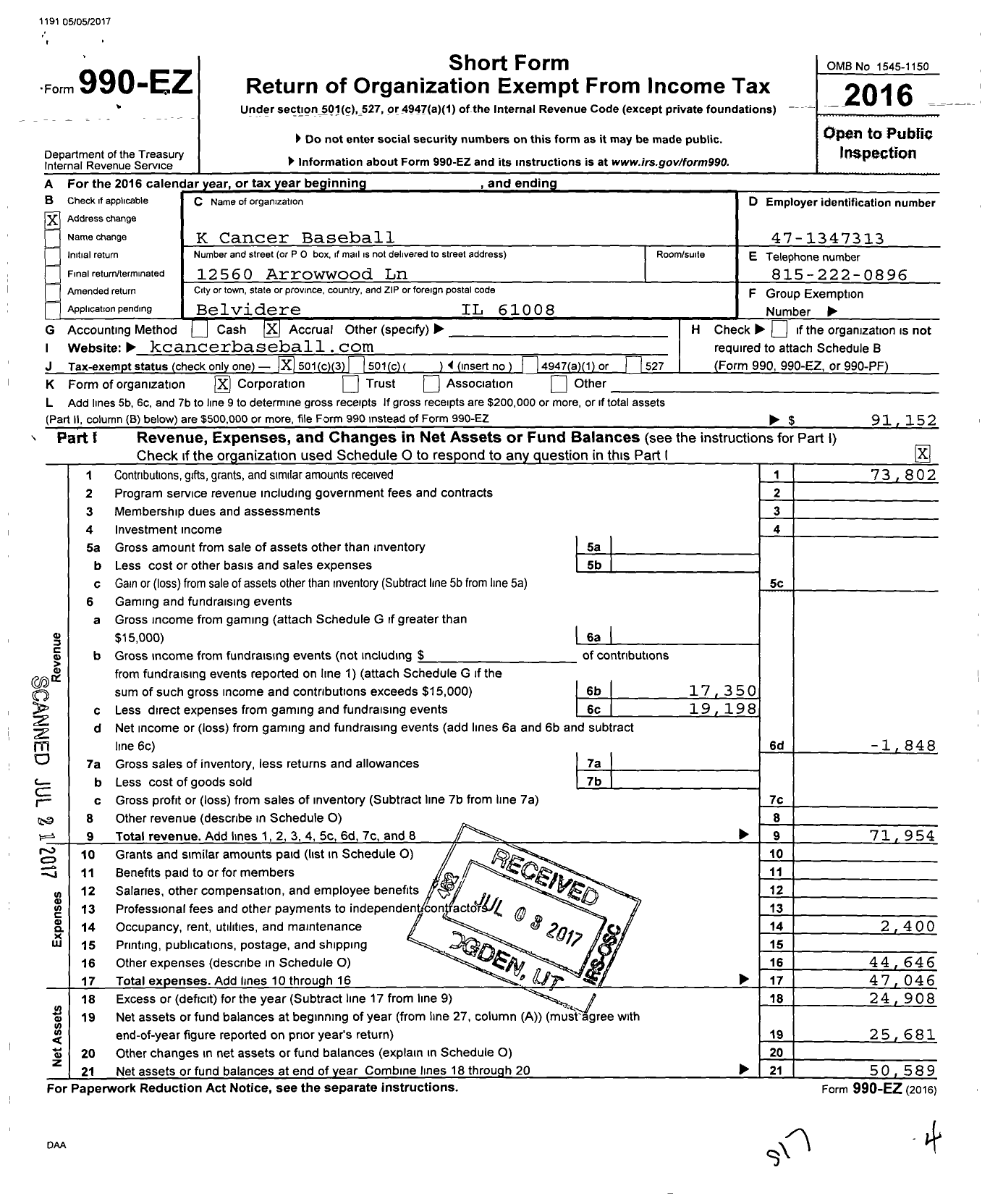 Image of first page of 2016 Form 990EZ for K Cancer Baseball