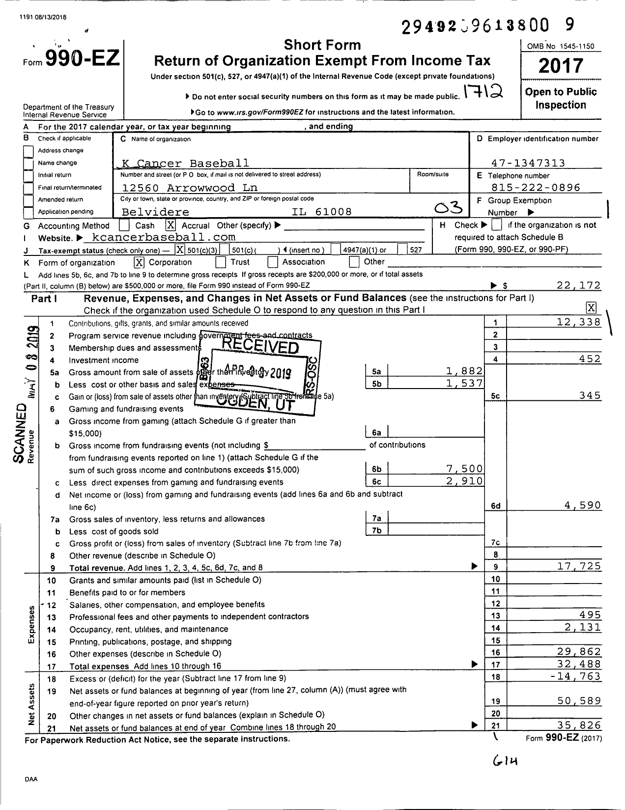 Image of first page of 2017 Form 990EZ for K Cancer Baseball