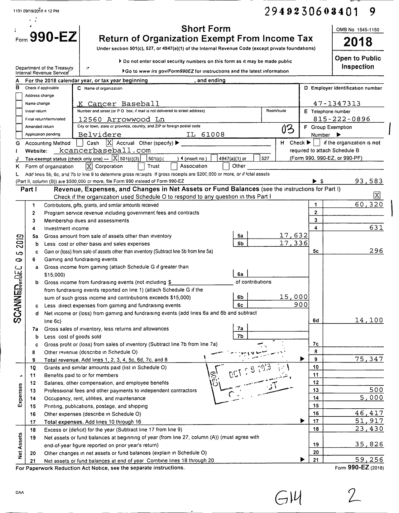 Image of first page of 2018 Form 990EZ for K Cancer Baseball