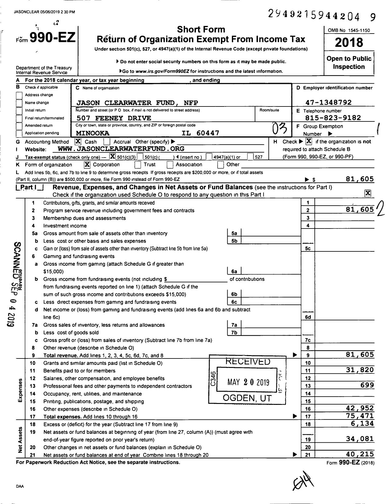 Image of first page of 2018 Form 990EZ for Jason Clearwater Fund NFP