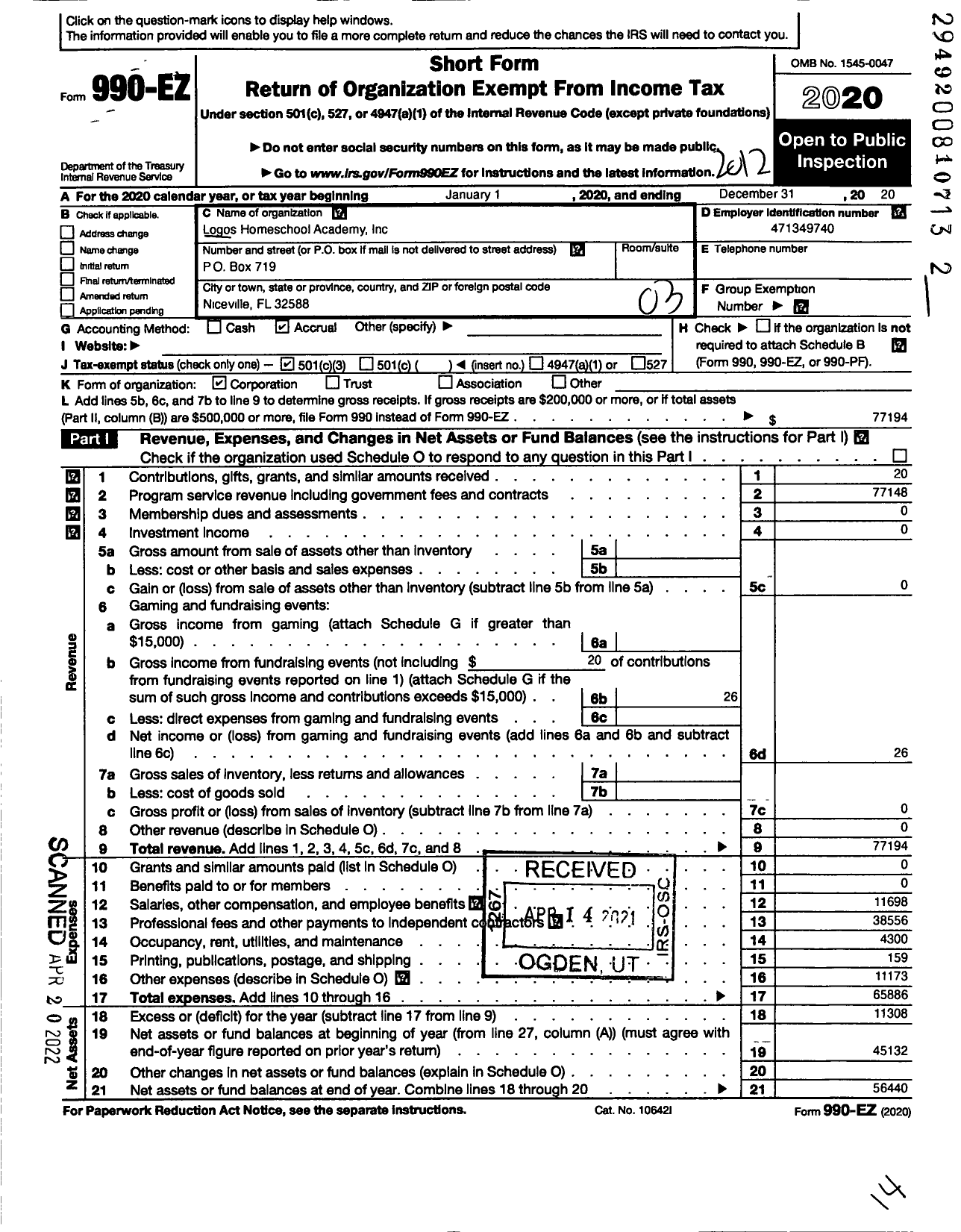 Image of first page of 2020 Form 990EZ for Logos Homeschool Academy