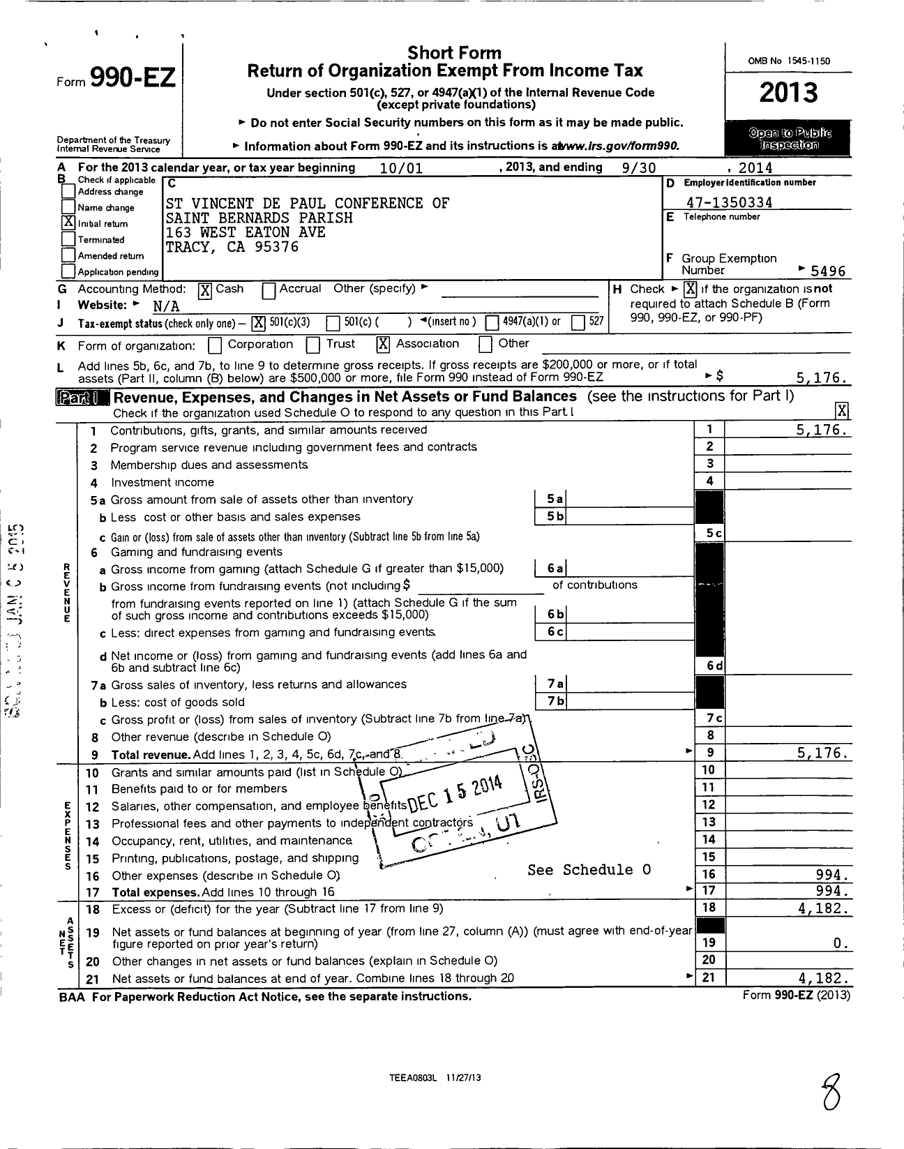 Image of first page of 2013 Form 990EZ for Saint Bernards Parish