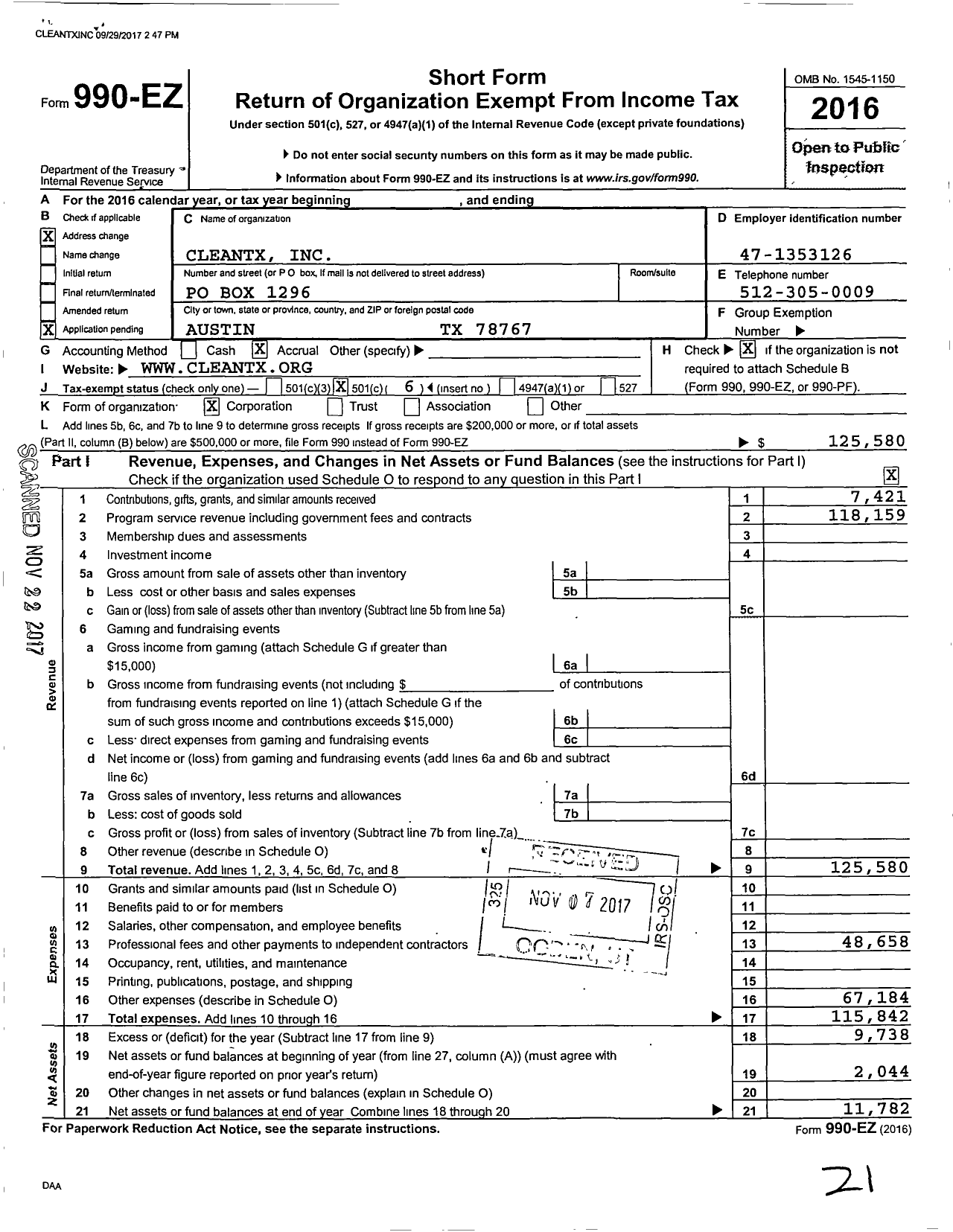 Image of first page of 2016 Form 990EO for Cleantx