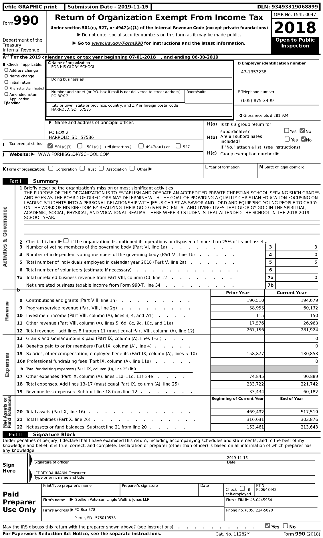 Image of first page of 2018 Form 990 for For His Glory School