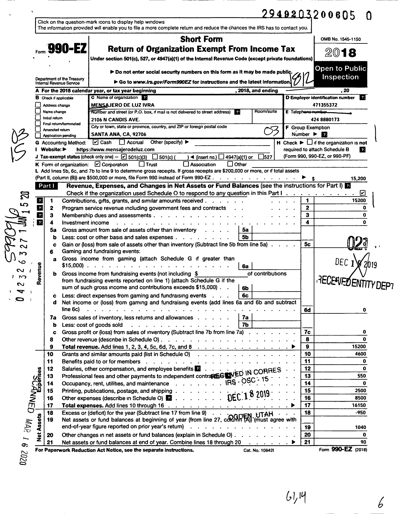 Image of first page of 2018 Form 990EZ for Mensajero de Luz Ivra