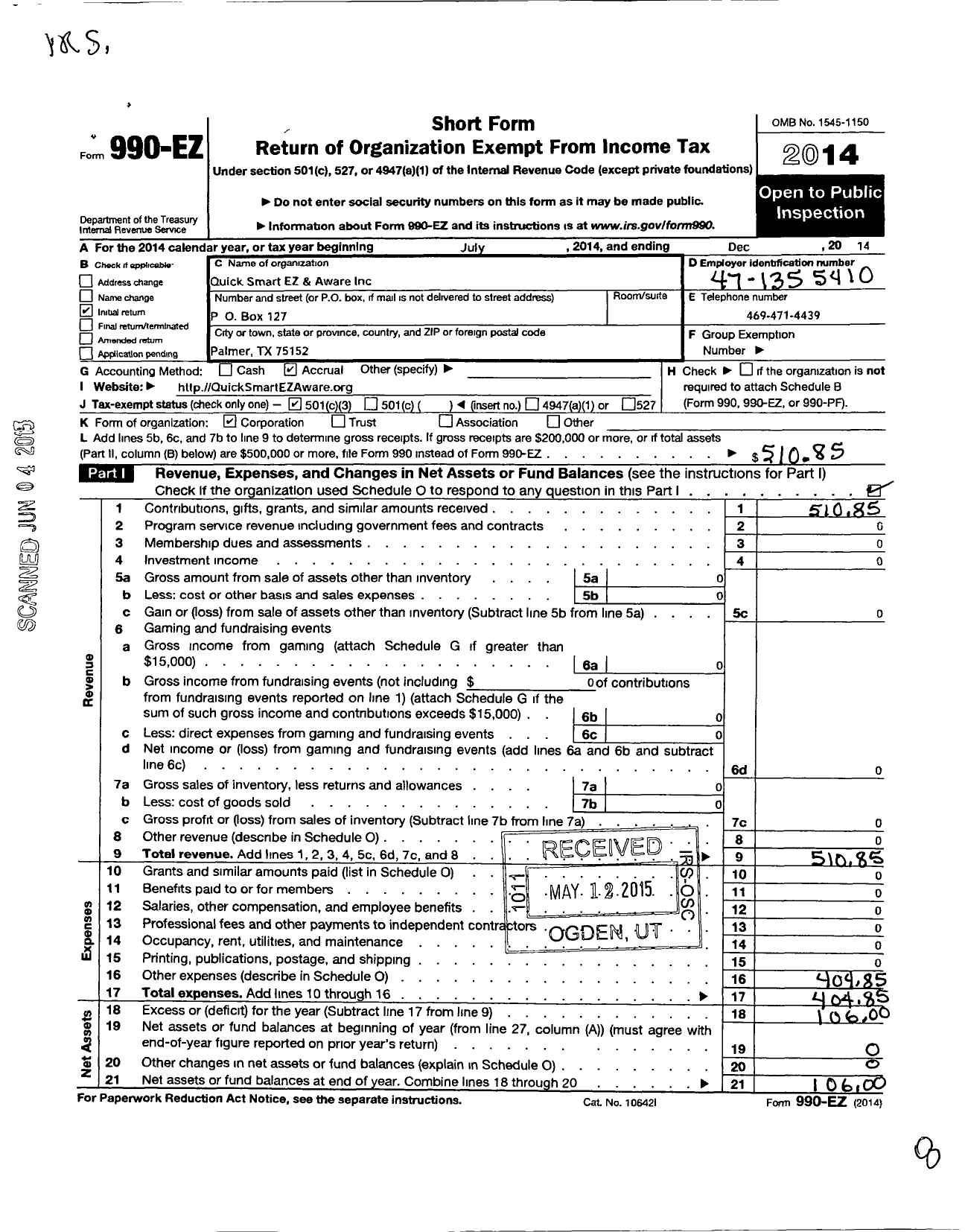 Image of first page of 2014 Form 990EZ for Quick Smart Ez and Aware