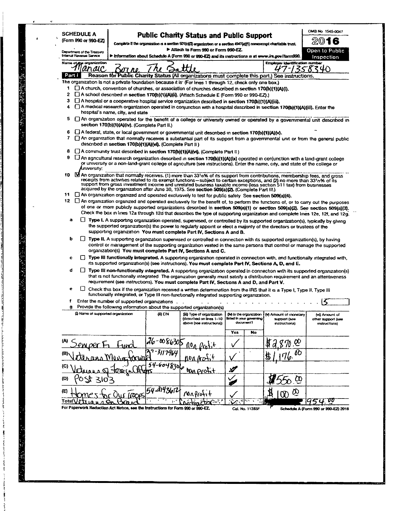 Image of first page of 2016 Form 990ER for Manarc Borne the Battle