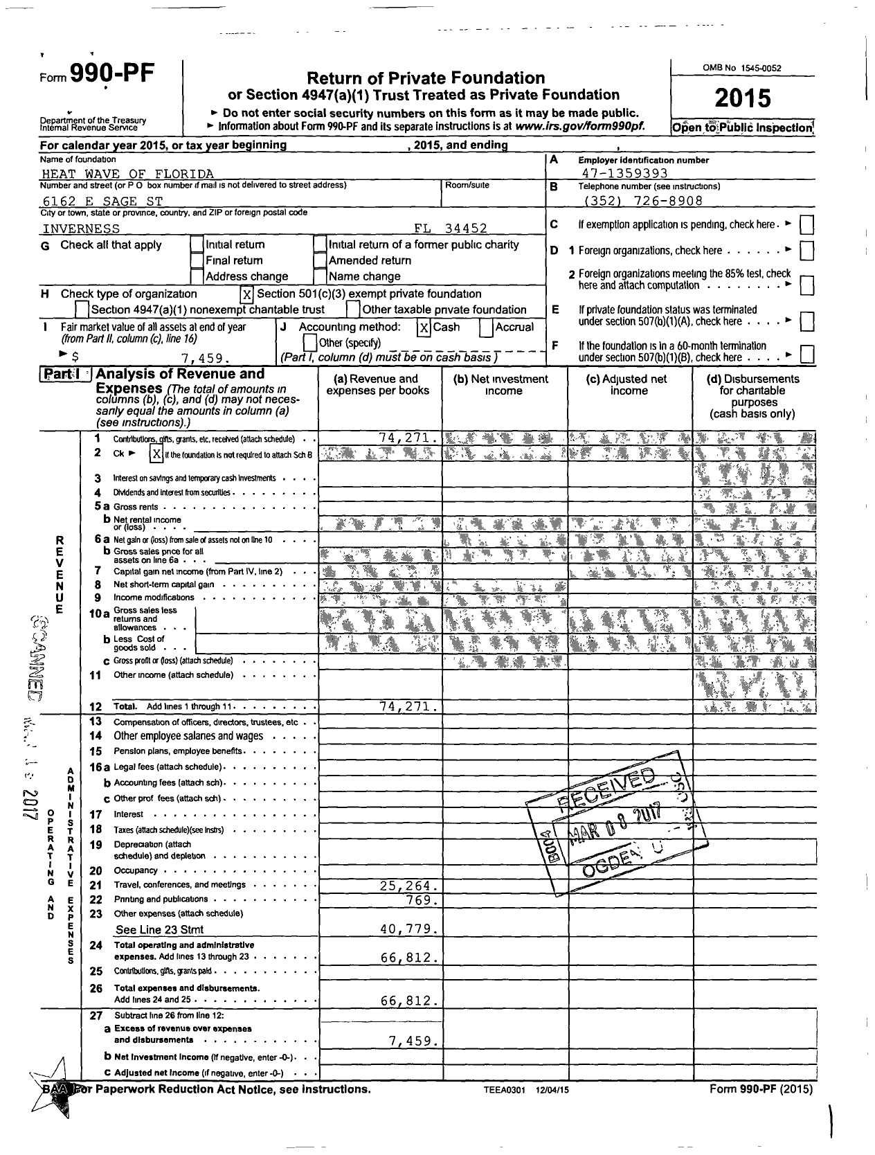 Image of first page of 2015 Form 990PF for Heat Wave of Florida