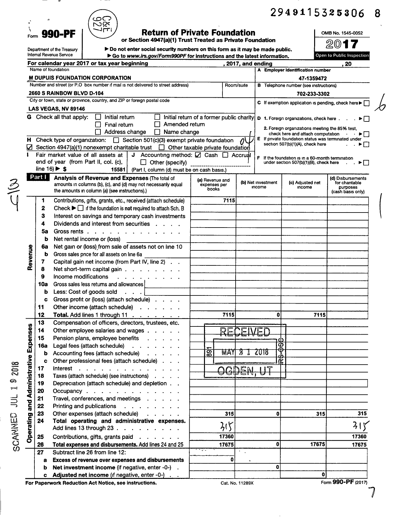 Image of first page of 2017 Form 990PF for M Dupuis Foundation Corporation