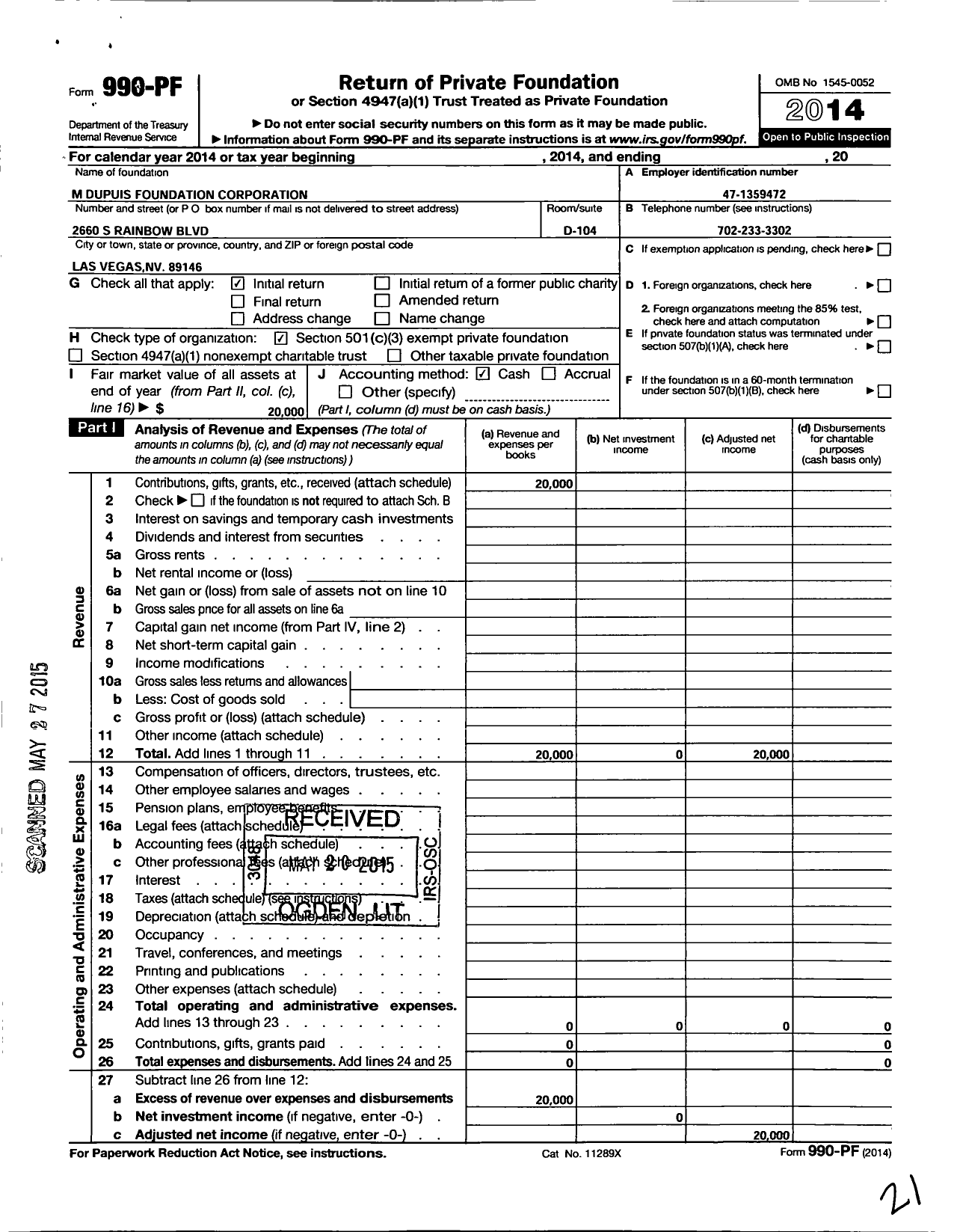 Image of first page of 2014 Form 990PF for M Dupuis Foundation Corporation