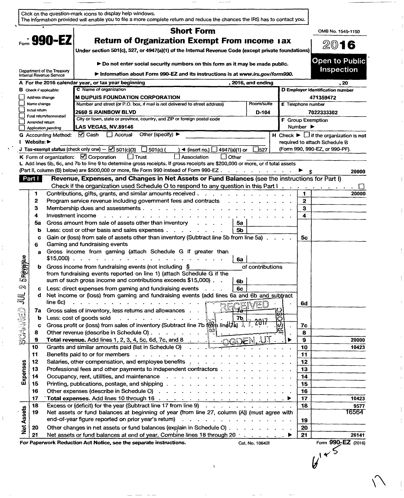 Image of first page of 2016 Form 990EZ for M Dupuis Foundation Corporation