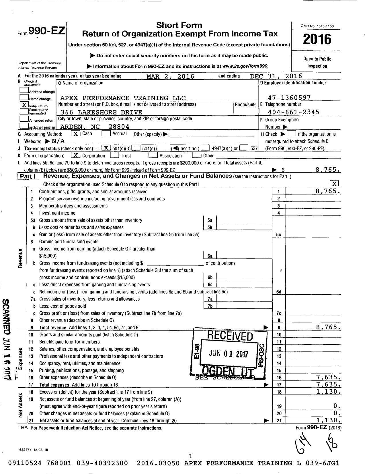 Image of first page of 2016 Form 990EZ for Apex Performance Training