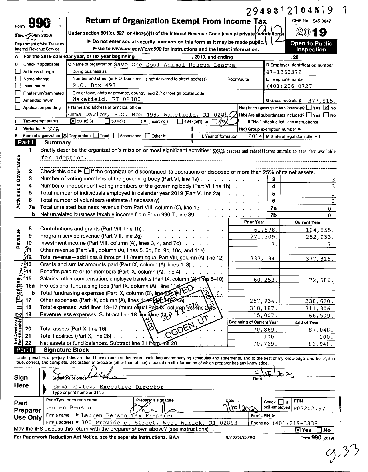 Image of first page of 2019 Form 990 for Save One Soul Animal Rescue League