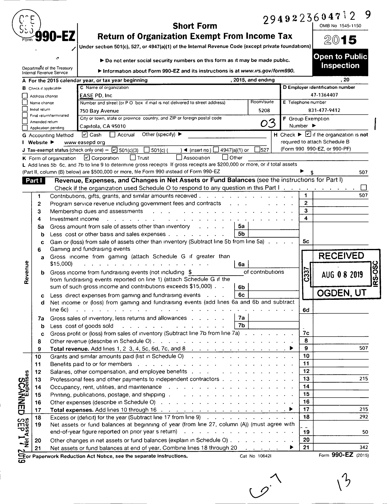 Image of first page of 2015 Form 990EZ for Ease PD