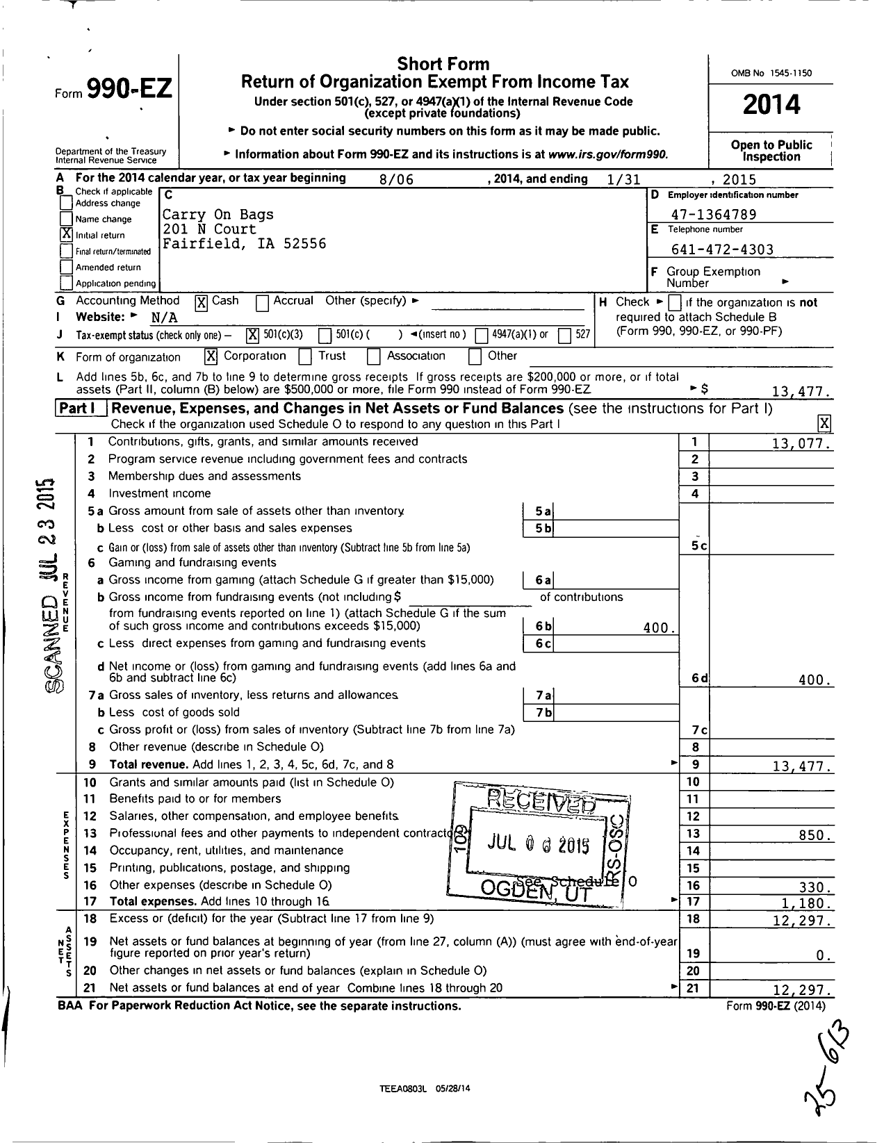 Image of first page of 2014 Form 990EZ for Carry on Bags