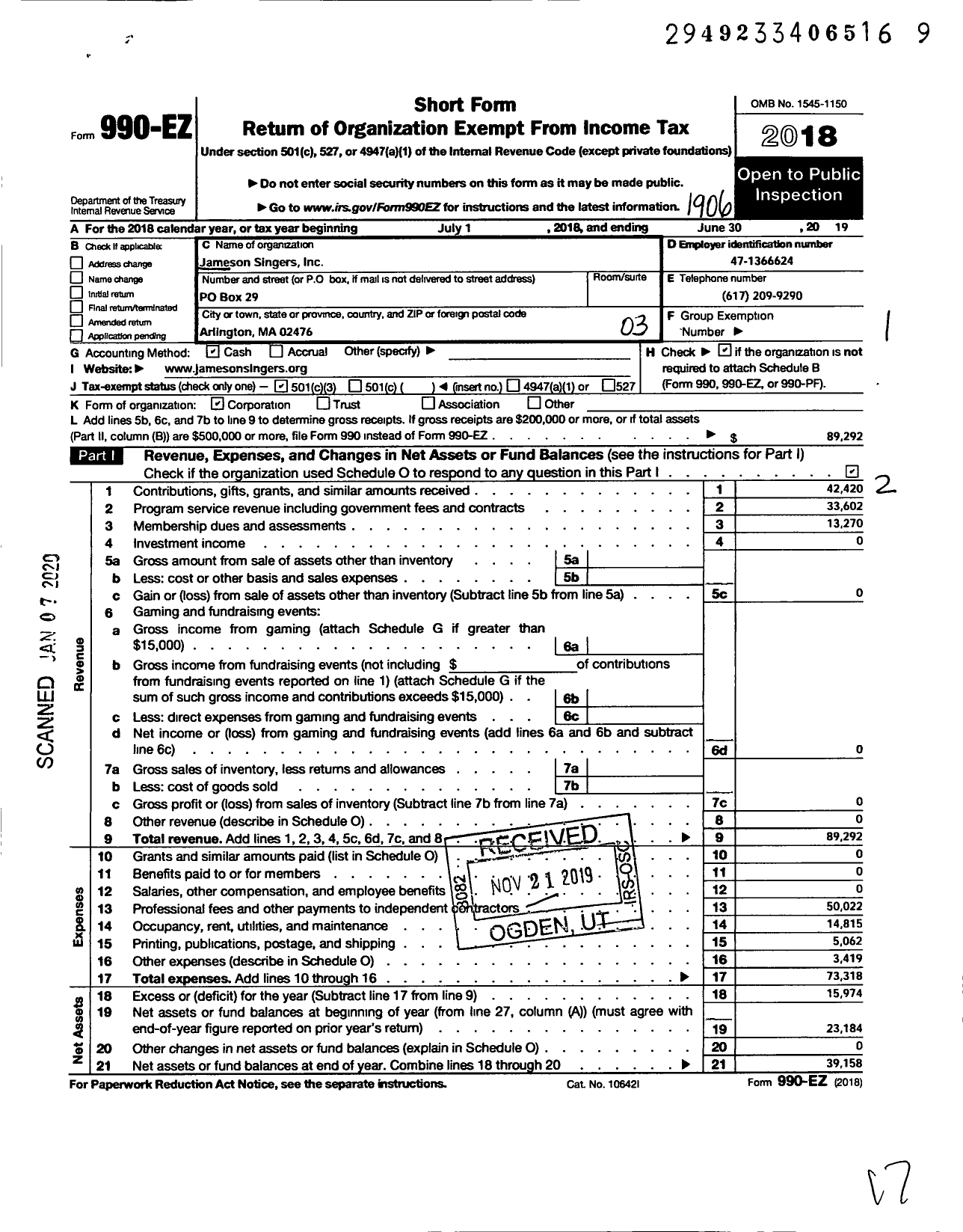 Image of first page of 2018 Form 990EZ for Jameson Singers