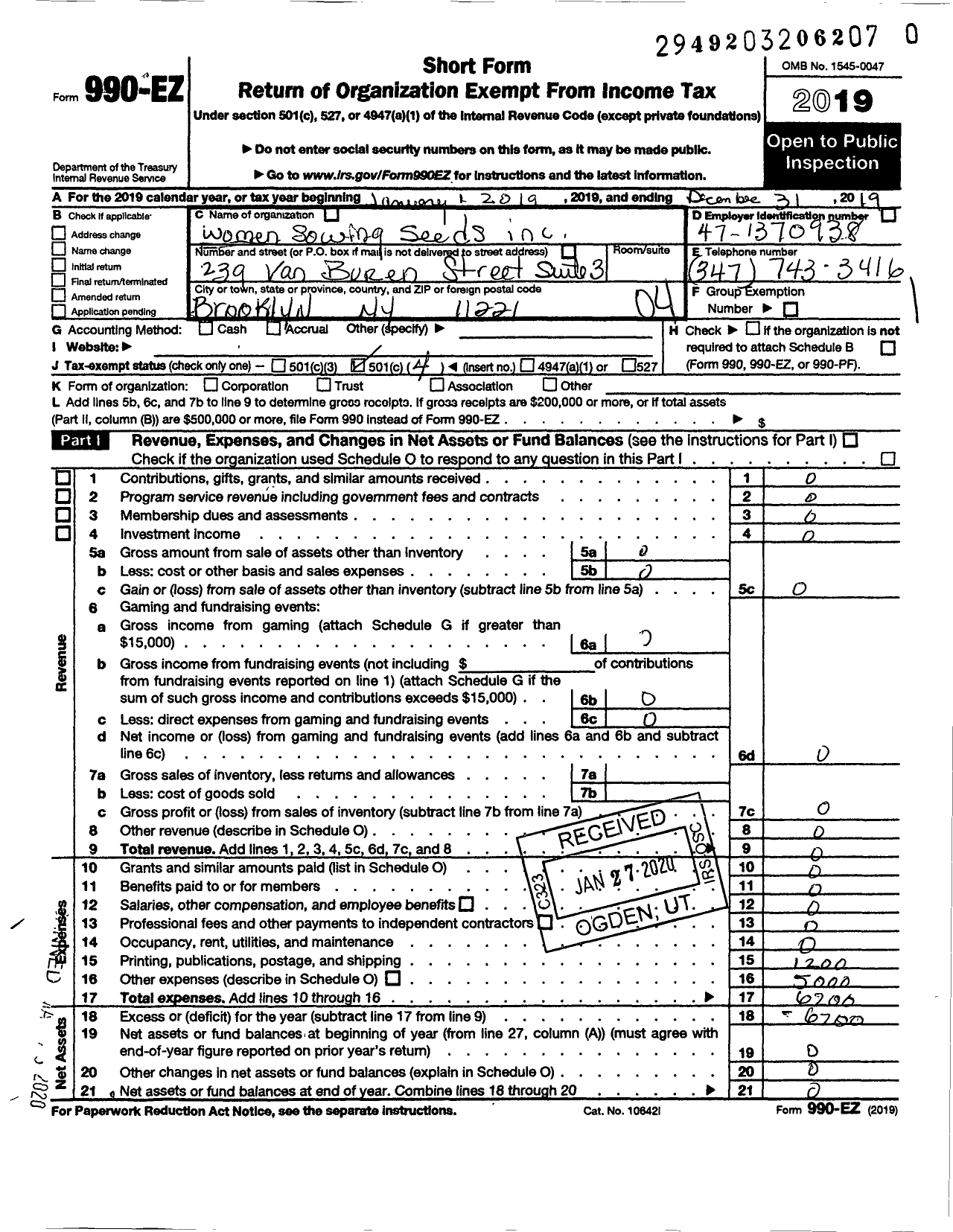 Image of first page of 2019 Form 990EO for Women Sowing Seeds