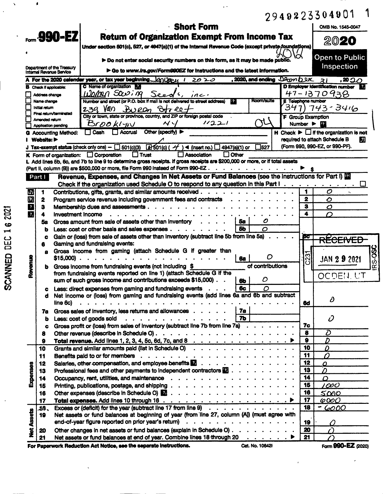 Image of first page of 2020 Form 990EO for Women Sowing Seeds