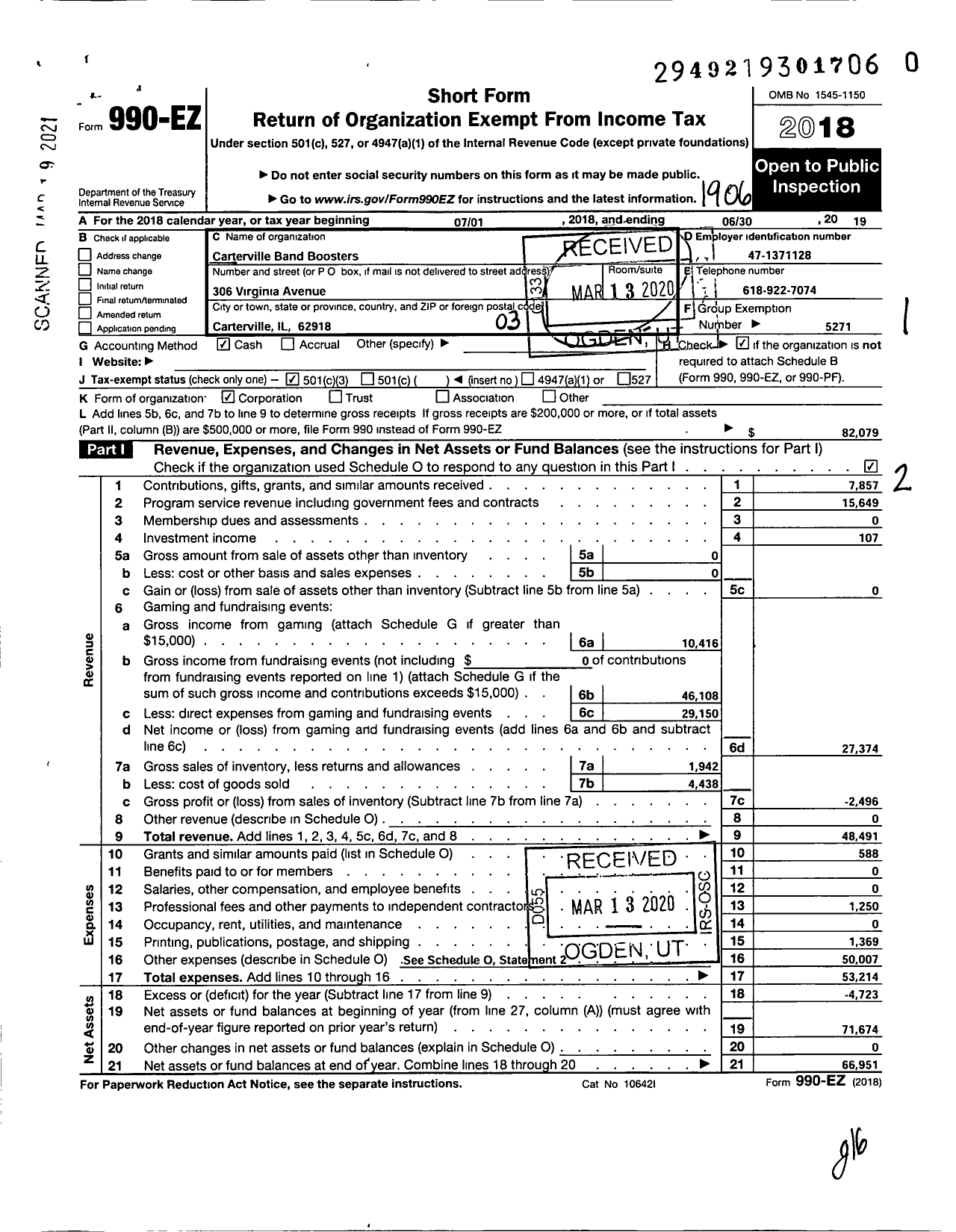 Image of first page of 2018 Form 990EZ for Carterville Band Boosters