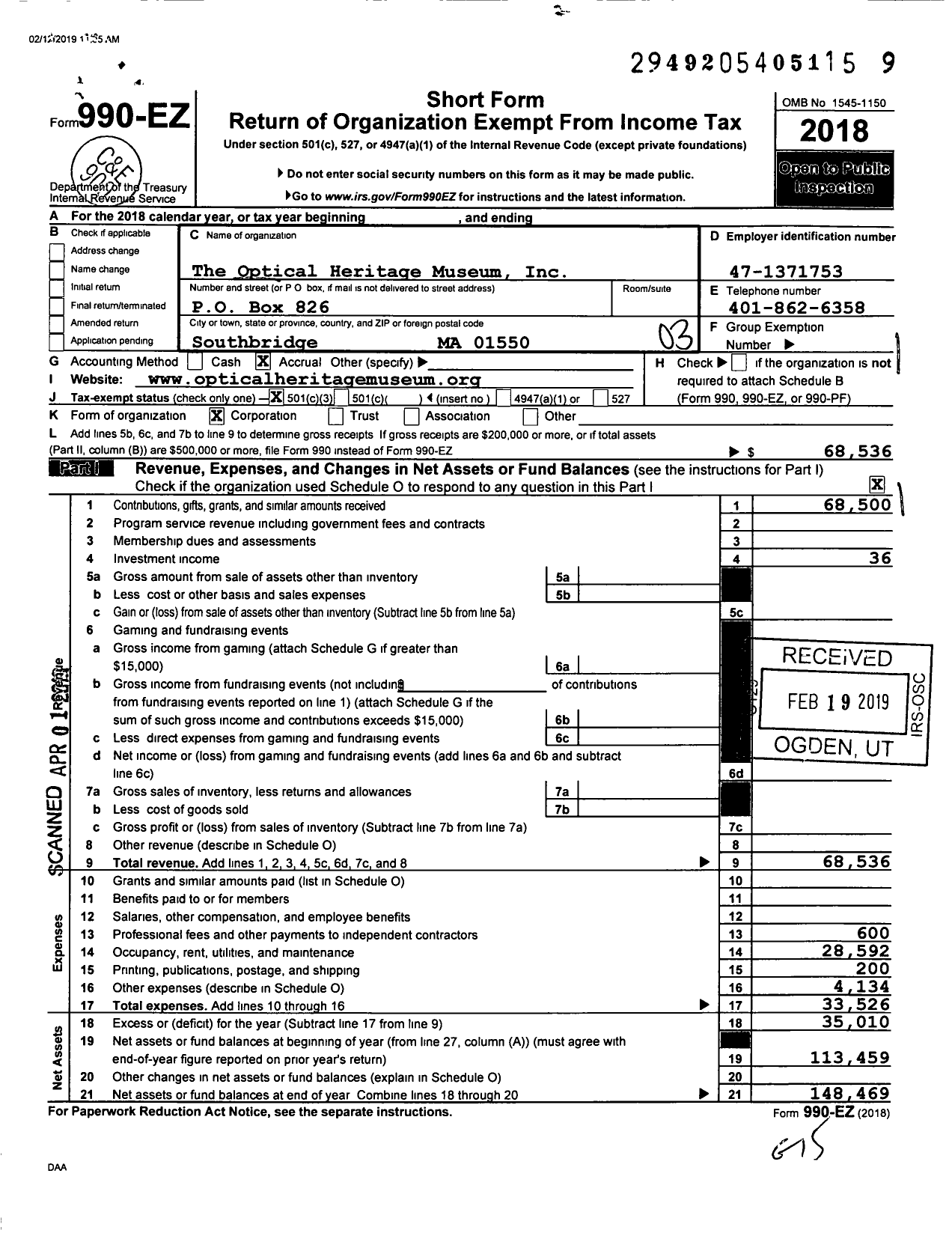 Image of first page of 2018 Form 990EZ for The Optical Heritage Museum