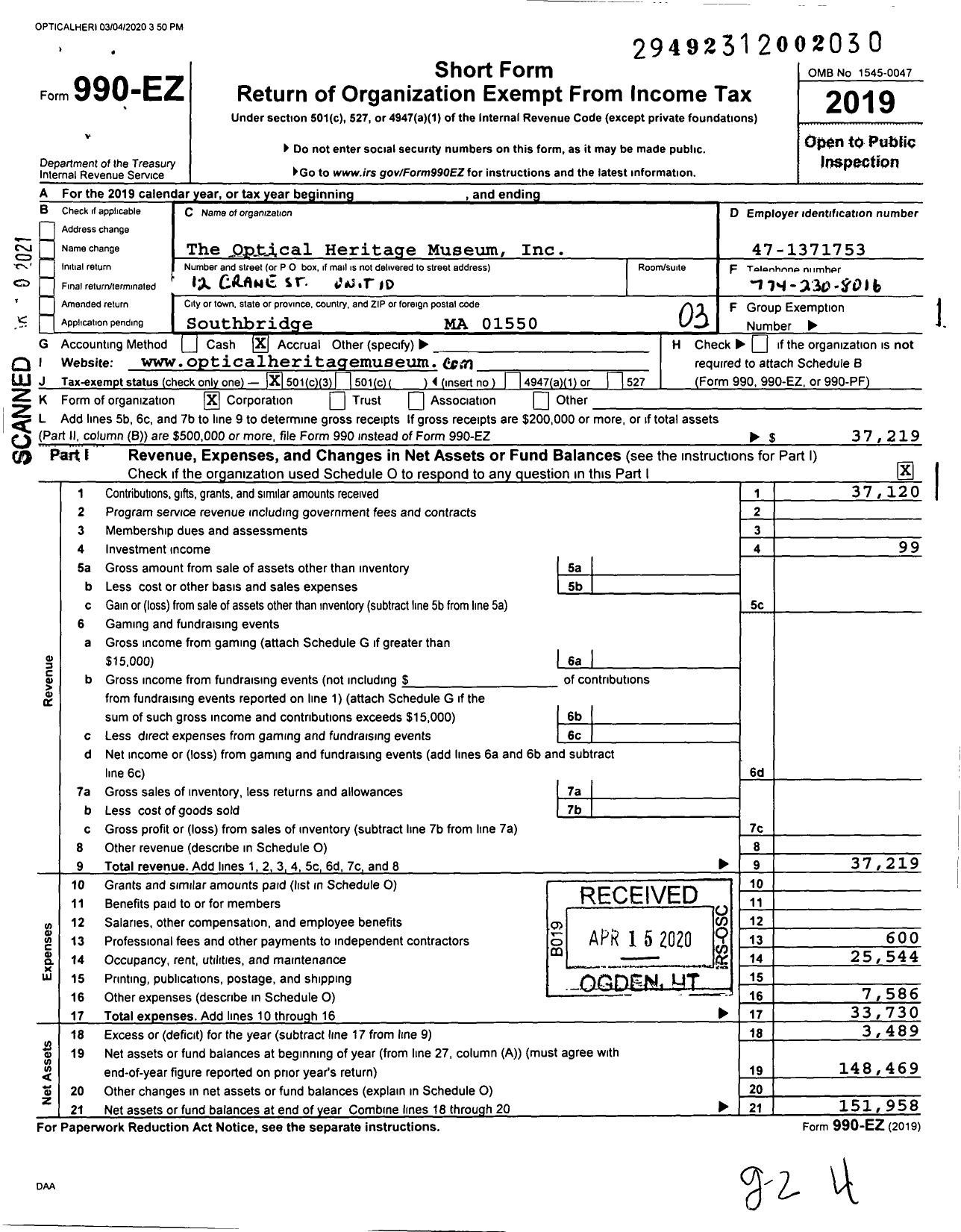 Image of first page of 2019 Form 990EZ for The Optical Heritage Museum