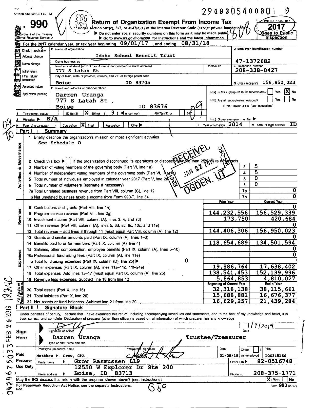 Image of first page of 2017 Form 990O for Idaho School Benefit Trust