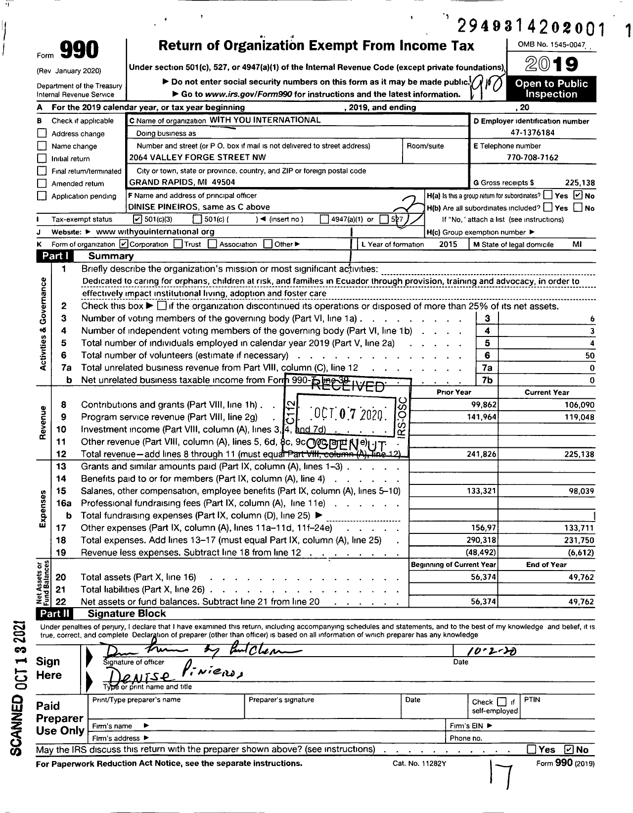 Image of first page of 2019 Form 990 for With You International