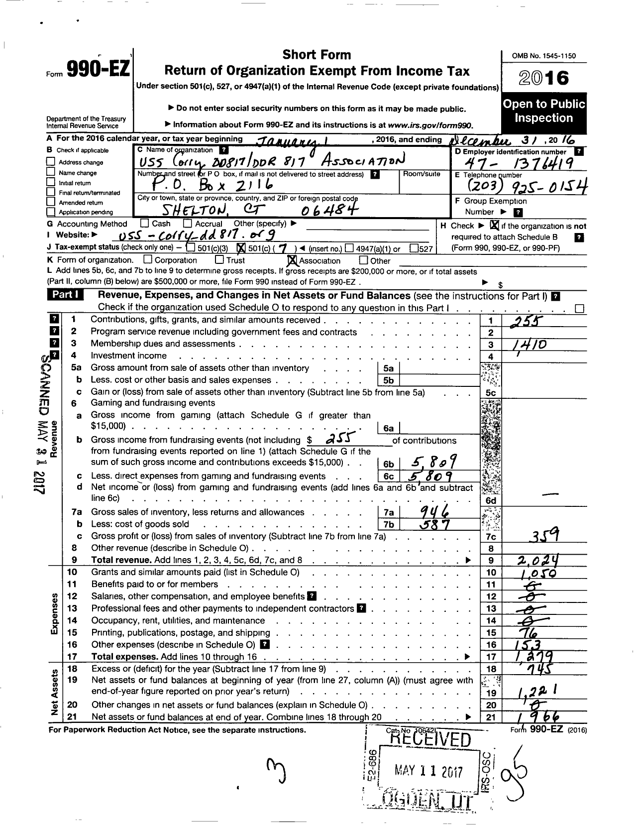 Image of first page of 2016 Form 990EO for Uss Corry DD817 and DDR817