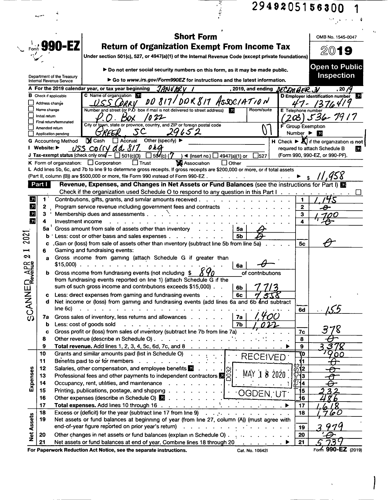 Image of first page of 2019 Form 990EO for Uss Corry DD817 and DDR817