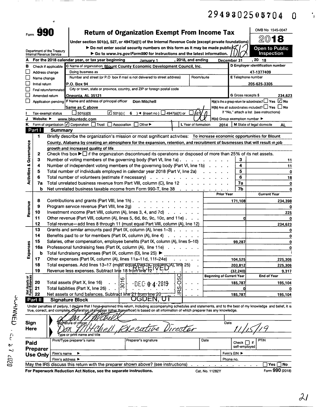 Image of first page of 2018 Form 990O for Blount County Economic Development Council