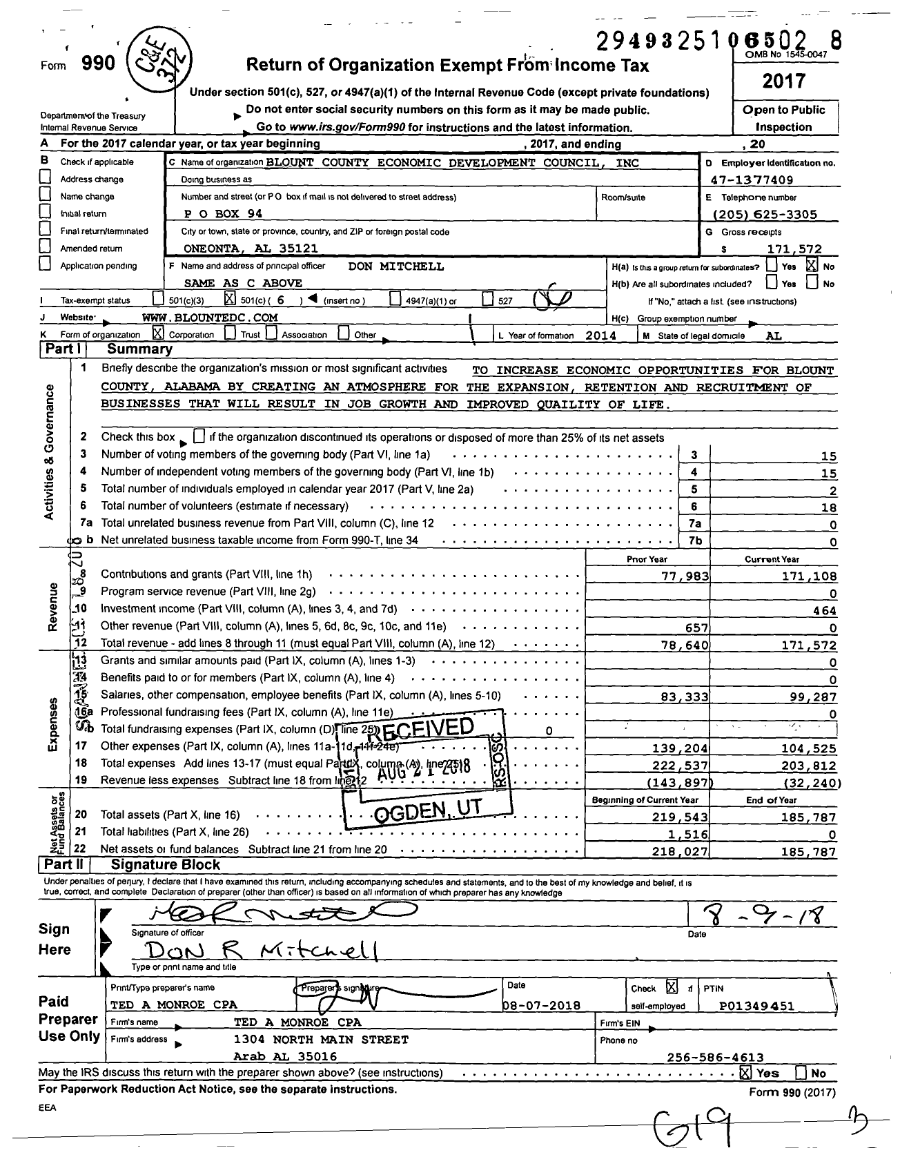 Image of first page of 2017 Form 990O for Blount County Economic Development Council