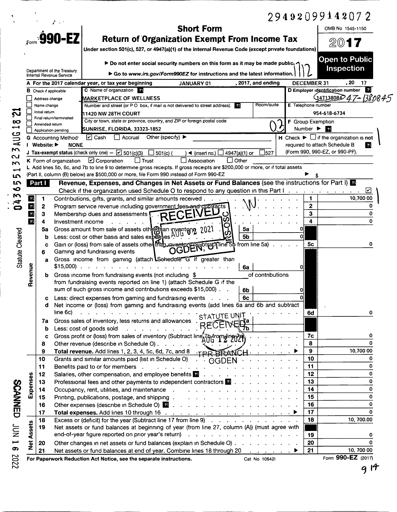 Image of first page of 2017 Form 990EZ for Market Place of Wellness