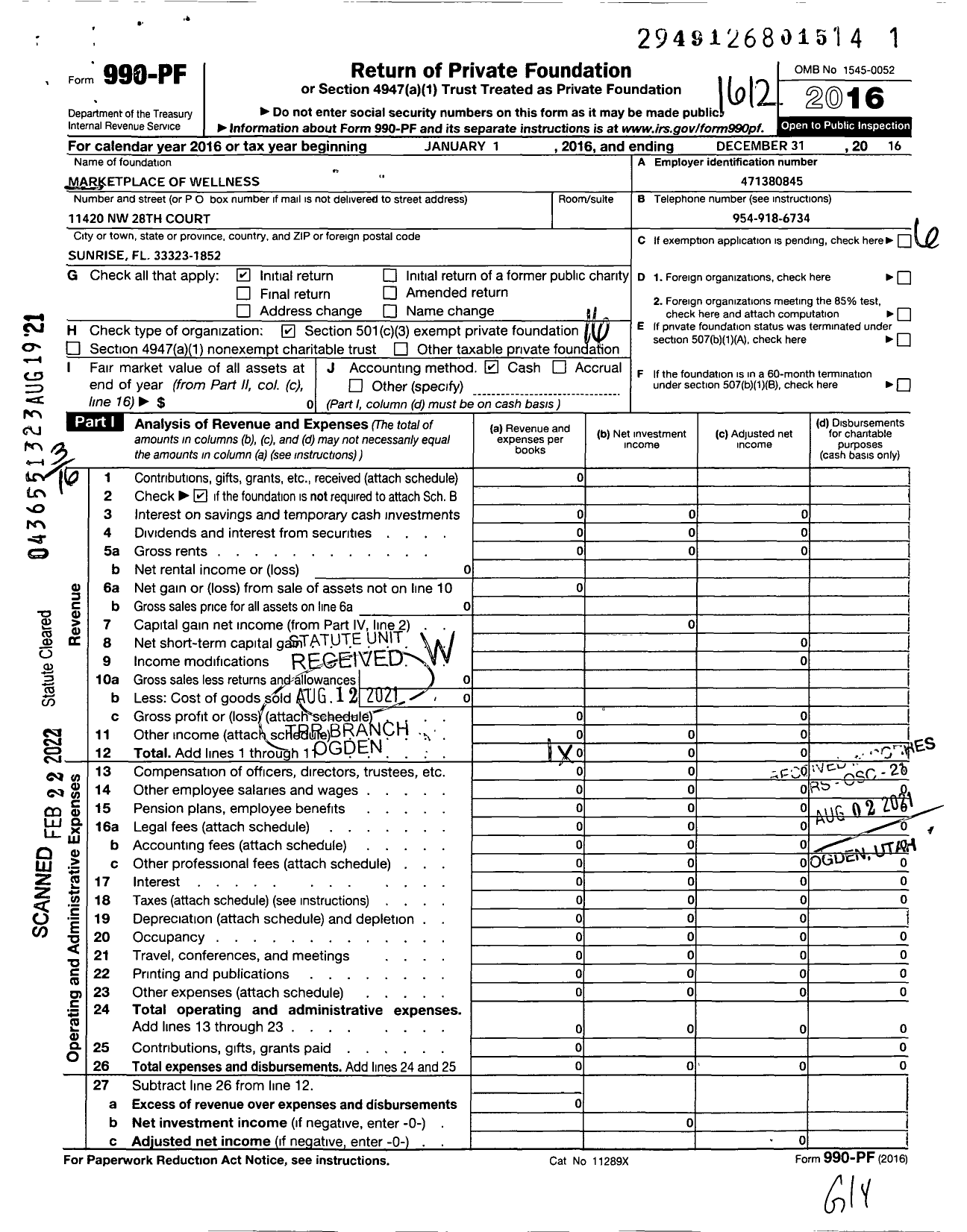 Image of first page of 2016 Form 990PF for Market Place of Wellness