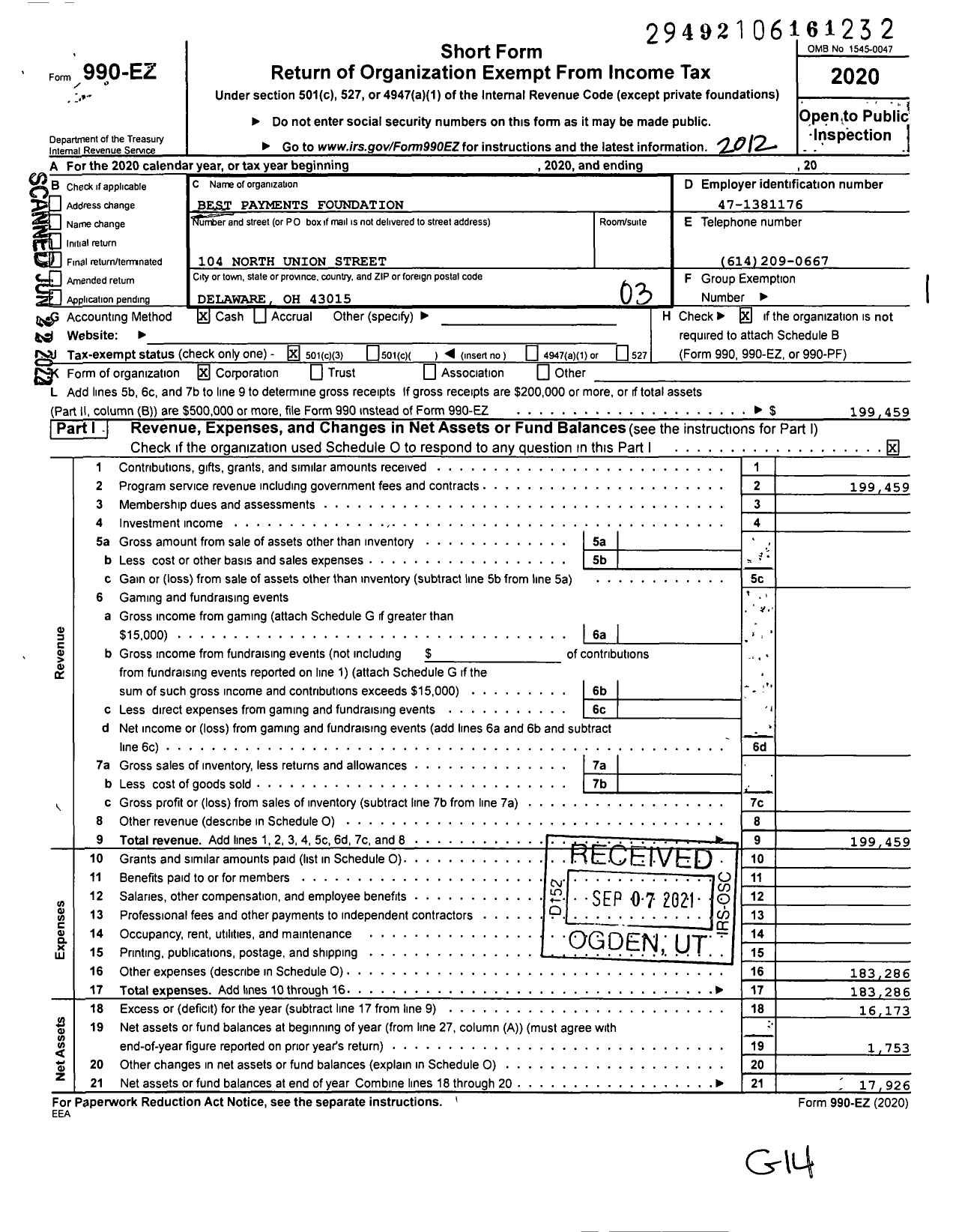 Image of first page of 2020 Form 990EZ for Best Payments Foundation