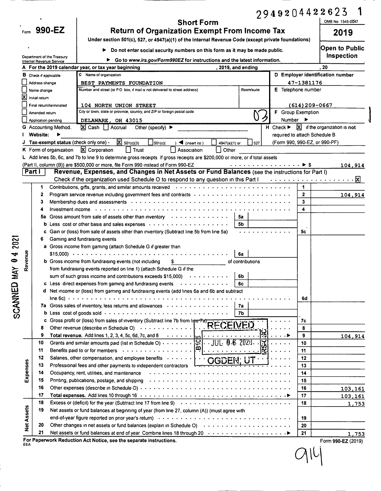 Image of first page of 2019 Form 990EZ for Best Payments Foundation