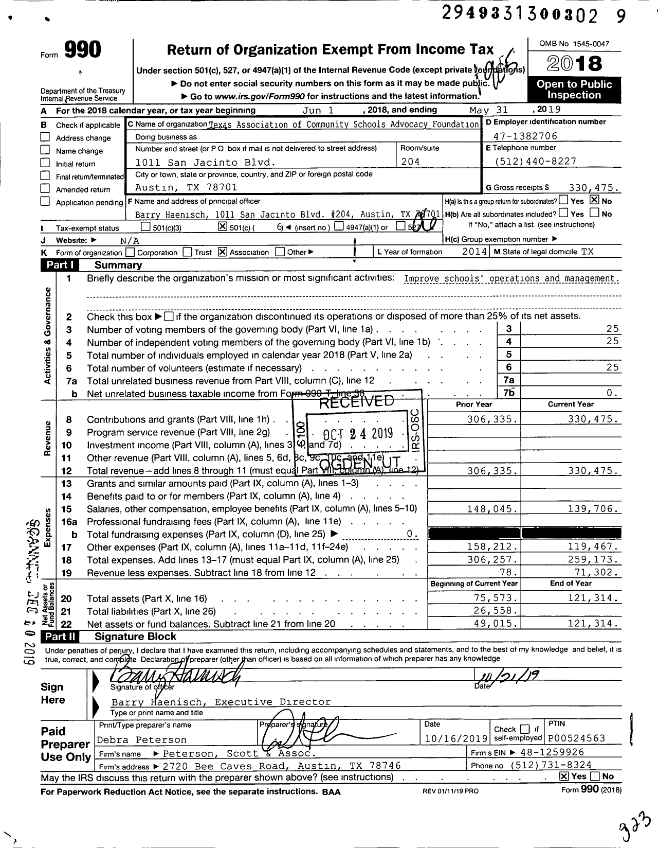 Image of first page of 2018 Form 990O for Texas Association of Community Schools Advocacy Foundation